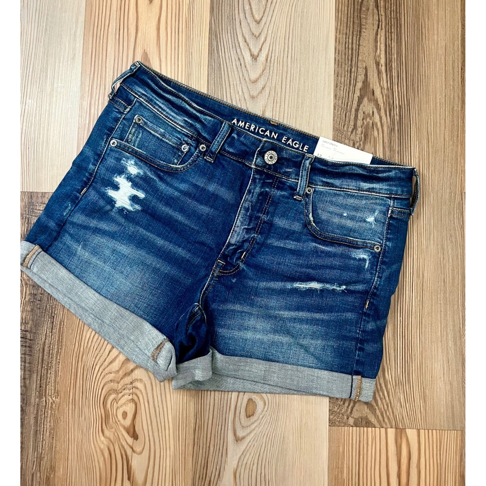 American Eagle Midi Stretch Distressed Denim Shorts Dark Wash Low Rise 12 NWT